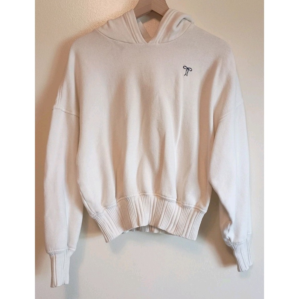 Aerie Bow Embroidered Cropped Hoodie Womens S Cream Oversized Sweatshirt